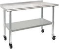 HARDURA Stainless Steel Table 24 x 48 Inches with Wheels Casters NSF Heavy Duty Commercial Prep Table with 2” Backsplash and Adjustable Undershelf for Restaurant Kitchen Home and Hotel