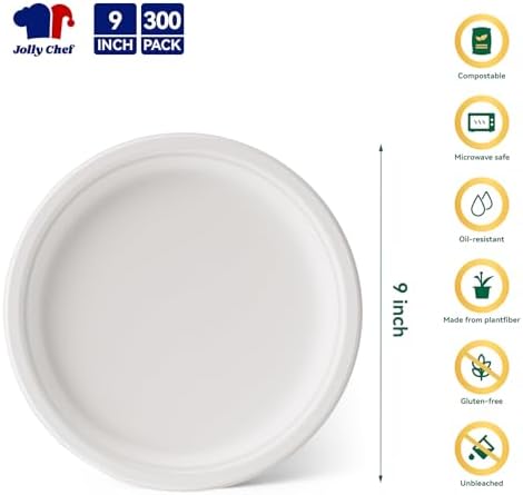 Compostable Heavy Duty 9 Inch 300 Pack Disposable Eco-Friendly Paper Plates - Image 2