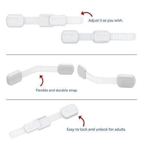 Child Safety Cabinet Locks (6 Pack) – Adjustable Baby Proofing Strap Latches with Strong 3M Adhesive – No Drill Childproof Locks for Drawers, Cabinets, Fridge, Door, Closet, White