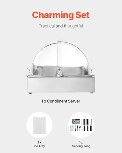VEVOR Countertop Food Serving Display Container, 1 x 1 Pan Stainless Steel Food Serving Tray, Buffet Condiment Dispenser Display Rack with Clear Lid & 3 Ice Trays, for Restaurant Hotel Kitchen Party - Image 5
