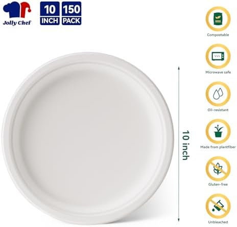 Compostable Heavy Duty 10 Inch 150 Pack Eco-Friendly Disposable Paper Plate - Image 2