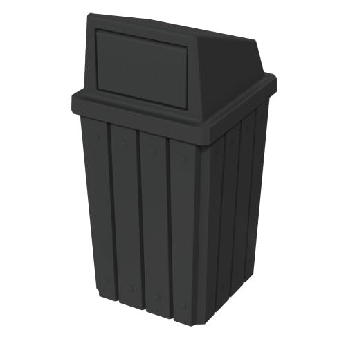 Campus Collection 32 Gallon Square Slatted 100% Recycled Plastic Heavy-Duty Commercial Outdoor or Indoor Trash Can with Push Top Lid | Great for Schools and Businesses - Black