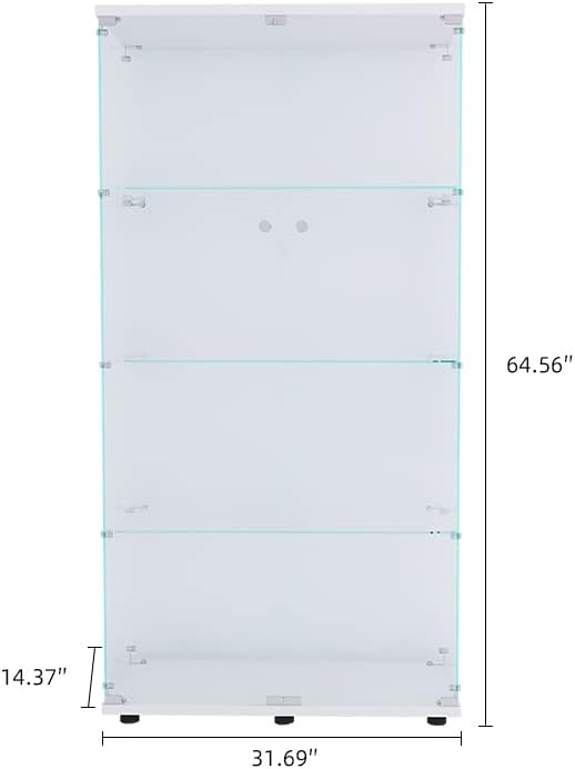 Yoluckea 4 Shelves Glass Display Cabinet with 2 Doors, Floor Standing Clear Glass Curio Cabinet Collection Display Case for Living Room Bedroom 64.56” x 31.69” x 14.37” White