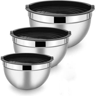 Stainless Steel 304 Mixing Bowls with Airtight Lids, Set of 3 Large Medium Small 1.5L 2L 3L (1.6QT 2.1QT 3.2QT) Food-Grade Metal Nesting Salad Bowls - Rust-Resistant, Dishwasher Freezer Safe