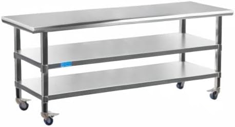 AmGood Stainless Steel Work Table with 2 Shelves and Casters | Metal Utility Table On Wheels (Stainless Steel Work Table with 2 Shelves + Casters, 60" Long x 18" Deep)