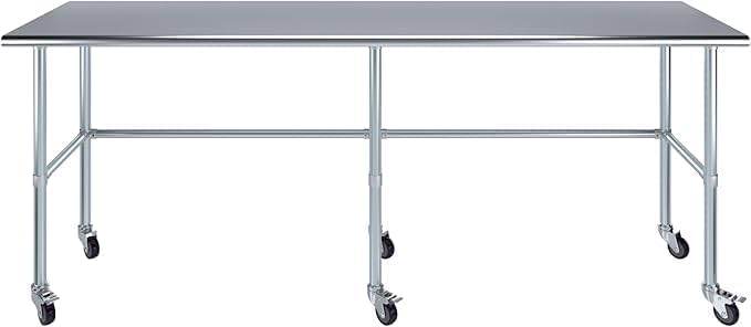 Stainless Steel Work Table Open Base & Wheels | Work Station | Metal Work Bench (Stainless Steel Work Table Open Base + Casters) (96" Long x 18" Deep)