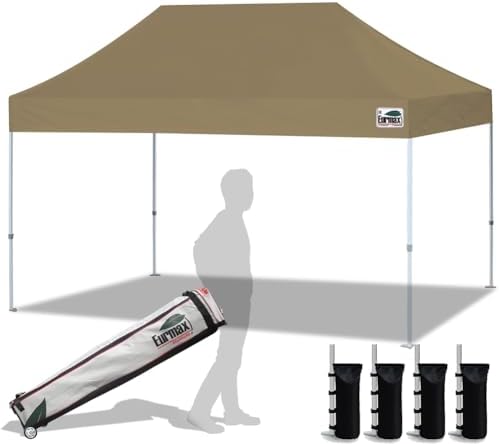 Eurmax USA Standard 10'x15' Patio Pop Up Canopy Tent Commercial Instant Canopies with Heavy Duty Roller Bag,Bonus 4 Sand Weights Bags (Khaki)