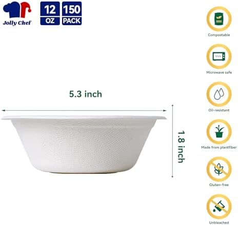 Compostable Disposable Paper Bowl 12 oz Heavy Duty Soup Containers 150 Pack - Image 2