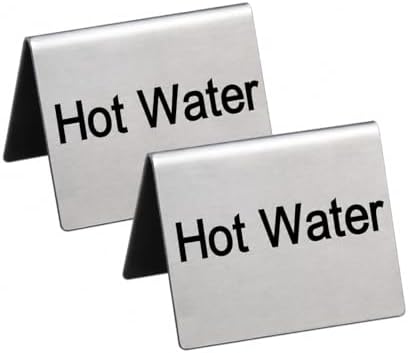 New Star Foodservice Stainless Steel Table Tent Sign, Hot Water, Silver, 1.5" x 2" (Set of 2) by NewStarFoodservice