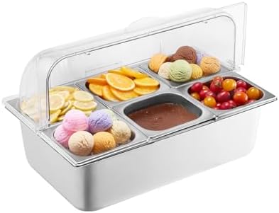 VEVOR Countertop Food Serving Display Container, 6 Pan Stainless Steel Food Serving Tray, Buffet Condiment Dispenser Display Rack with Clear Lid & 3 Freezer Boxes, for Restaurant Hotel Kitchen Party by VEVOR
