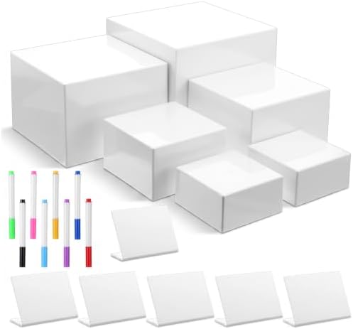 6 PCS White Acrylic Buffet Risers with 6 Signs and 8 Markers, Buffet Risers and Stands Nesting Cube Boxes with Hollow Bottoms, Food Display Stands for Party Catering Dessert Jewelry, 8"7"6"5"4"4" by Unknown