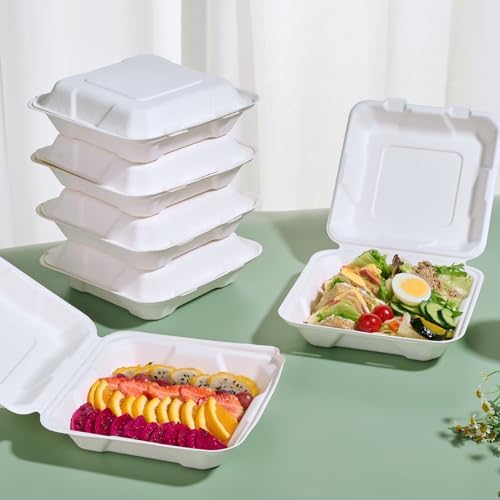 8" 50 Pack Sugarcane Clamshell Take Out Food Containers 1 Compartment - Image 3