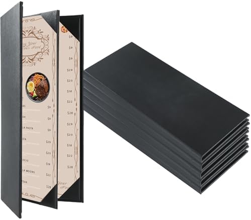 Restaurant Menu Covers Holders 4.25" x 11" | Pack of 5 Synthetic Leather Triple Fold Panels 4 View Angled Corners Black for Wine List, Drinks (5, Triple Fold Panels 4 View (4.25 x 11 inch)) by FL