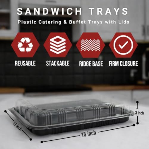 10 Pack Catering Trays with Lid – 15" Serving Trays with Lids - Reusable Serving Platter with Lid for Catering, Buffet, Picnics & Events – Party Trays with Lids (15.35 × 11.42 × 2.95inch) - Image 2