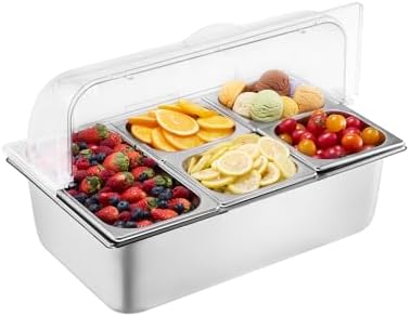 VEVOR Countertop Food Serving Display Container, 5 Pan Stainless Steel Food Serving Tray, Buffet Condiment Dispenser Display Rack with Clear Lid & 3 Freezer Boxes, for Restaurant Hotel Kitchen Party by VEVOR
