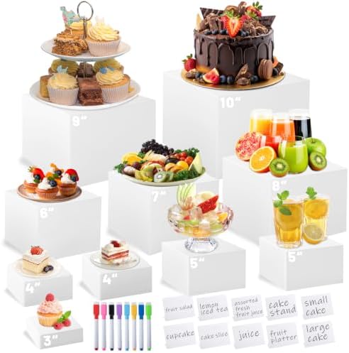 10PCS White Acrylic Buffet Risers with Small Signs and Marks,Food Display Risers for Buffet Table,Dessert Table Display Set for Catering Supplies,Acrylic Stand for Party Wedding Baptism Birthday by Unknown