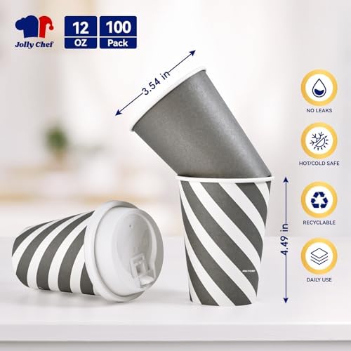 JOLLY CHEF 100 Pack 12 oz Paper Coffee Cups with Lids Disposable Paper Cups - Image 2