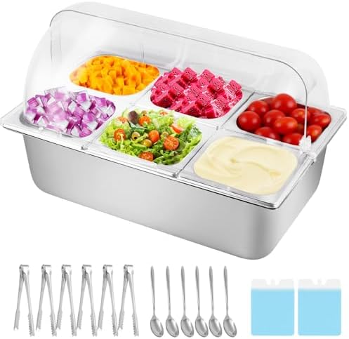 Cold Food Buffet Server 9.6Qt (6 Pans×1.6Qt) with Ice Packs for Salad Pizza Sauce Colded Serving Trays Condiments Containers for Parties Buffet by YMJOINMX