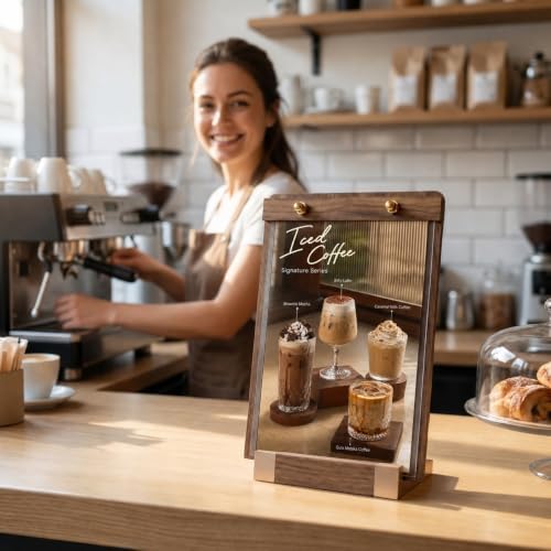 1 Pack Classy Sign Holder 8.5 x 11 with Slanted Wooden Base, Vertical Countertop Menu Display Stand for Coffee Shop, Bakery, Retail, Wedding - Image 2