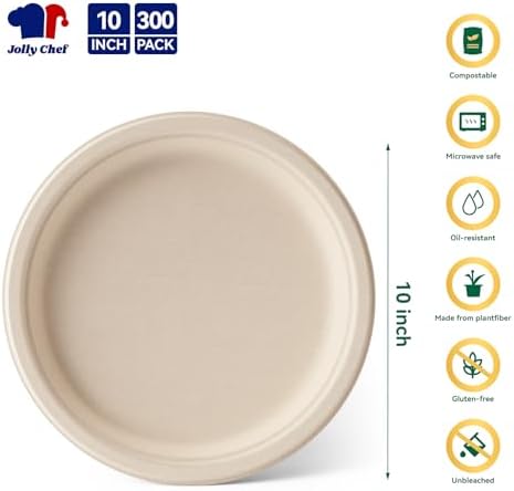 Compostable Heavy Duty 10 Inch 300 Pack Disposable Eco-Friendly Paper Plate - Image 2