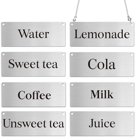 8 Pcs Stainless Steel chain signs 3.54 x 1.4 Inch Table beverage display signs Hanging chain sign for Indoor Outdoor, Including Coffee,Lemonade,Sweet Tea,Unsweet Tea,Water, Milk,Juice,Cola by VELATYVIO