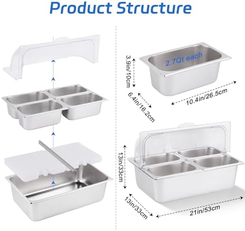 Cold Food Buffet Server 4 Pans×2.7QT with Ice Packs for Salad Pizza Sauce Colded Serving Trays Condiments Containers for Parties Buffet - Image 4