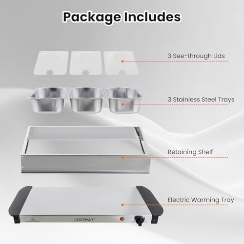 COSTWAY Electric Buffet Server Food Warmer, Stainless Steel Countertop Food Warming Tray with 3 Removable Trays, Adjustable Tempered Control & See-Through Lids for Parties, Holidays & Catering - Image 6
