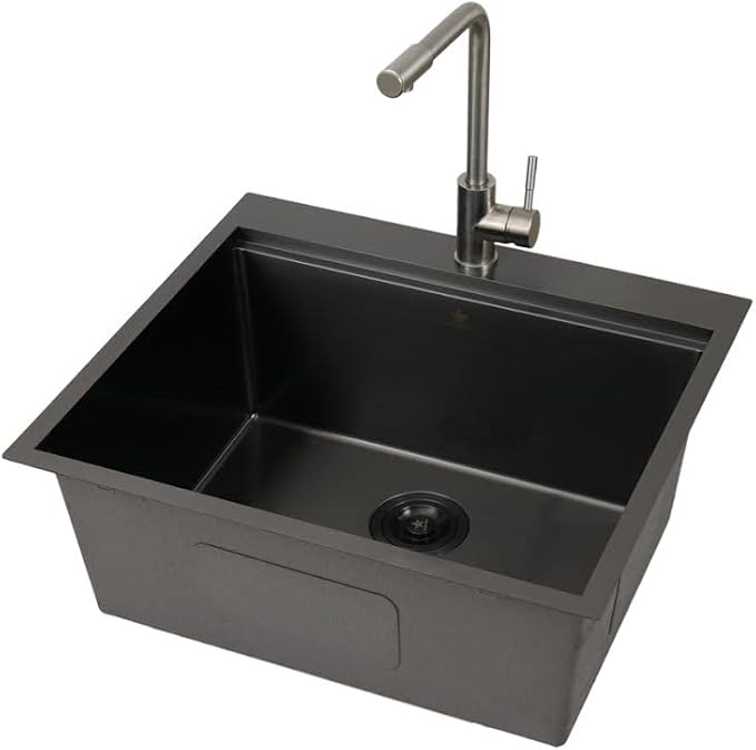 STARSTAR Workstation Ledge Topmount/Drop-in Single Bowl Satin Brass Matte Stainless Steel Kitchen/Yard/Bar/Laundry/Office Sink, With Grid, Colander, Cutting Board, Strainer with Basket (23x20x9 Black)