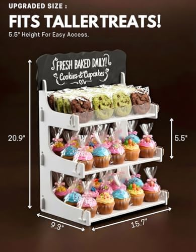 HOTCAN Cookie Display Stand for Bakers & Vendors with Acrylic Front | Wooden Dessert Stand with Chalkboard Sign for Market Booths, Craft Fairs & Events | 3 Tiered Cookie Display for Cupcakes, Muffins & Pastries (White) - Image 4