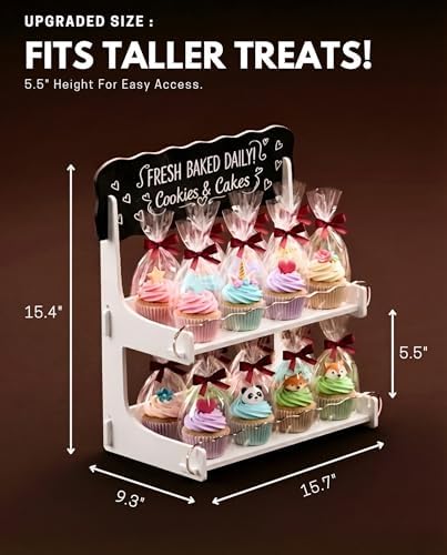 HOTCAN Cookie Display Stand for Bakers & Vendors with Acrylic Front | Wooden Dessert Stand with Chalkboard Sign for Market Booths, Craft Fairs & Events | 2 Tiered Cookie Display for Cupcakes, Muffins & Pastries (White) - Image 4