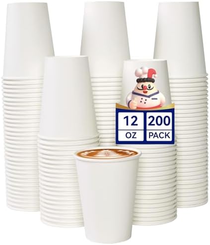 JOLLY CHEF 12 oz Coffee Cups, White Paper Cups 200 Count Leak-Proof by JOLLYCHEF