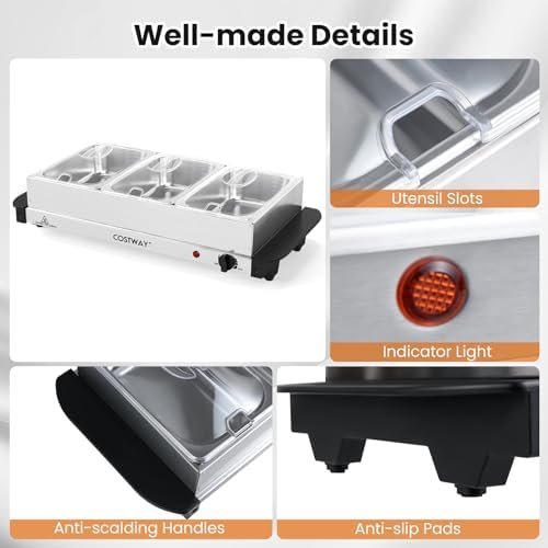 COSTWAY Electric Buffet Server Food Warmer, Stainless Steel Countertop Food Warming Tray with 3 Removable Trays, Adjustable Tempered Control & See-Through Lids for Parties, Holidays & Catering - Image 5