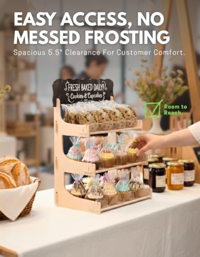 HOTCAN Cookie Display Stand for Bakers & Vendors with Acrylic Front | Wooden Dessert Stand with Chalkboard Sign for Market Booths, Craft Fairs & Events | 3 Tiered Cookie Display for Cupcakes, Muffins & Pastries (Natural) - Image 4