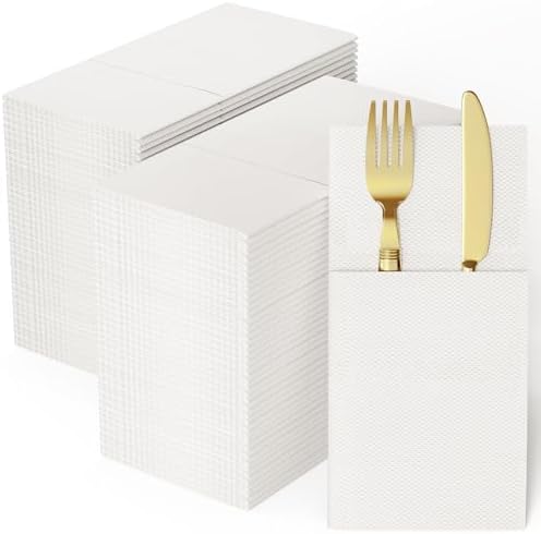 200 Paper Napkins with Built-in Flatware Pocket Prefolded Guest Hand Towels by JOLLYCHEF