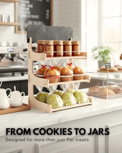 HOTCAN Cookie Display Stand for Bakers & Vendors with Acrylic Front | Wooden Dessert Stand with Chalkboard Sign for Market Booths, Craft Fairs & Events | 3 Tiered Cookie Display for Cupcakes, Muffins & Pastries (Natural) - Image 6