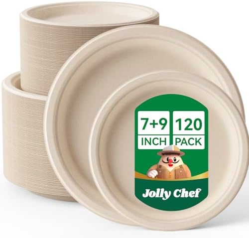 Compostable Heavy Duty 7 Inch and 9 Inch 120 Pack Eco-Friendly Paper Plates by JOLLYCHEF