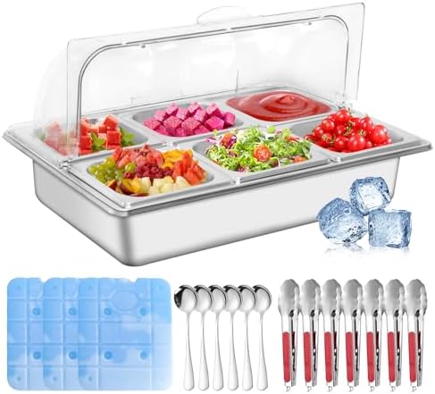 Ice Food Serving Display Tray with 6 Pan, Stainless Steel Salad Bar Buffet Station for Home, Pizza Topping Station, Ice Tray for Food Buffet, Cold Food Buffet Server for Party Home Hotel Kitchen by Enkreefi