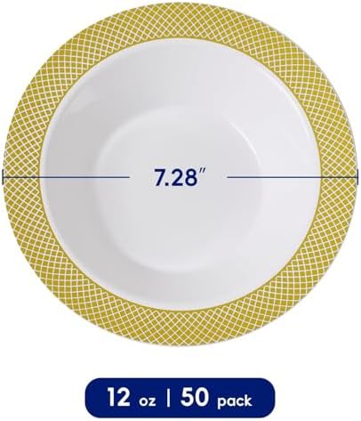 JOLLY CHEF Plastic Bowls with Gold Grid Rim Disposable 12oz Bolws 50Pack - Image 2
