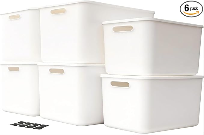 Set Of 6 Plastic Storage Bins,Versatile Kitchen Pantry Organization and Storage,for Plastic Storage Container Under Bed,Under Sink Bathroom Organizer (White, 4 L+2 M)