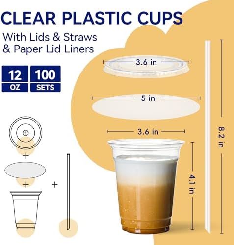 JOLLY CHEF Plastic Cups with Lids and Straws 12 oz Clear 100 Pack - Image 2