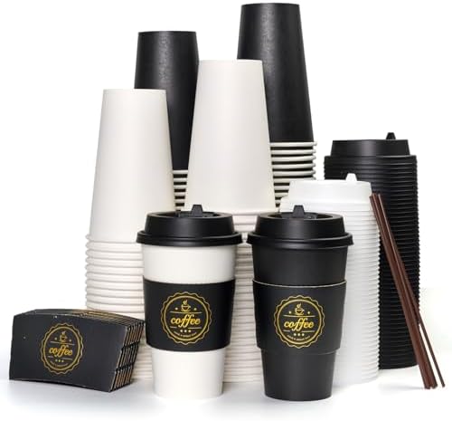 JOLLY CHEF 100 Pack 16 oz Disposable Coffee Cups with Lids Sleeves Stirrers by JOLLYCHEF