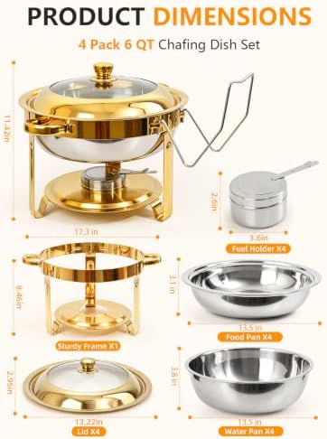 4 Pack 6QT Gold Chafing Dishes for Buffet,Installation-Free Stands,Round - Image 2