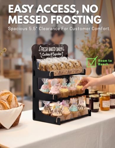 HOTCAN Cookie Display Stand for Bakers & Vendors with Acrylic Front | Wooden Dessert Stand with Chalkboard Sign for Market Booths, Craft Fairs & Events | 3 Tiered Cookie Display for Cupcakes, Muffins & Pastries (Black) - Image 5