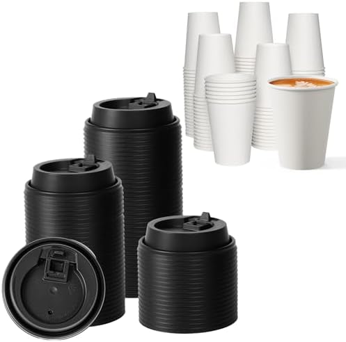 JOLLY CHEF 300 Pack Disposable Plastic Black Lids 3.6'' for 10, 12, 16, 20 oz Paper Coffee Cups, 100 Pack Paper Coffee Cups 12 oz by JOLLYCHEF