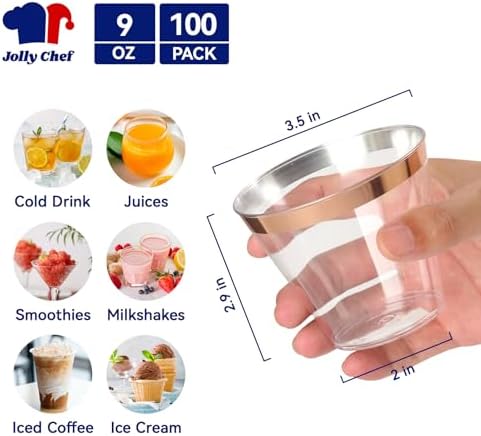 JOLLY CHEF Rose Gold Plastic Cups, 9 oz Clear Plastic Tumblers 100 Pack - Image 5