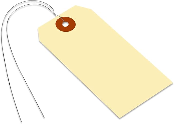 SmartSign Blank Manila Shipping Tags with Wire, Size-4, Pack of 100, 13pt Thick Prewired Cardstock Tag, 4.25 x 2.125 inch Paper Hang Tags with Reinforced Fiber Patch