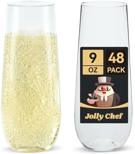 JOLLY CHEF 48 Pack 9 oz Stemless Plastic Champagne Flutes Crystal Glasses by JOLLYCHEF