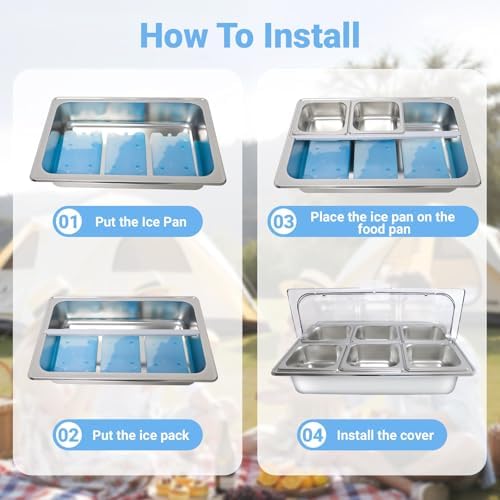 Countertop Ice Food Serving Display Tray with 6 Pan, Portable Salad Bar Buffet Station for Home, Cold Food Buffet Server, Stainless Steel Pizza Topping Station with Clear Roll Top Cover, 3 Ice Packs - Image 4