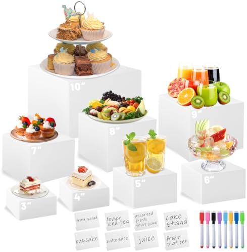 8PCS White Acrylic Buffet Risers with Small Signs and Marks,Food Display Risers for Buffet Table,Dessert Table Display Set for Catering Supplies,Acrylic Stand for Party Wedding Baptism Birthday by Unknown