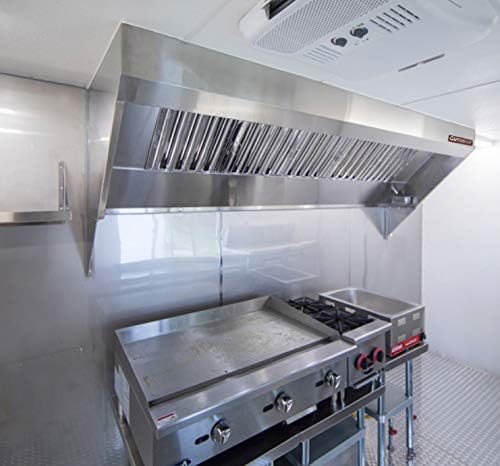 Food Truck Low Profile Exhaust Hood System Includes a stainless steel exhaust hood, an exhaust fan, an adjustable duct section, and installation hardware (10' Long Hood & Fan)
